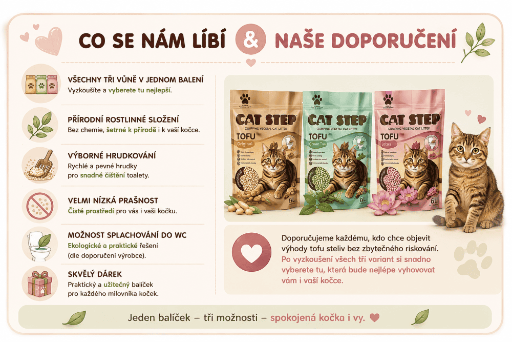 Tofu steliva tři vůně, spokojená kočka